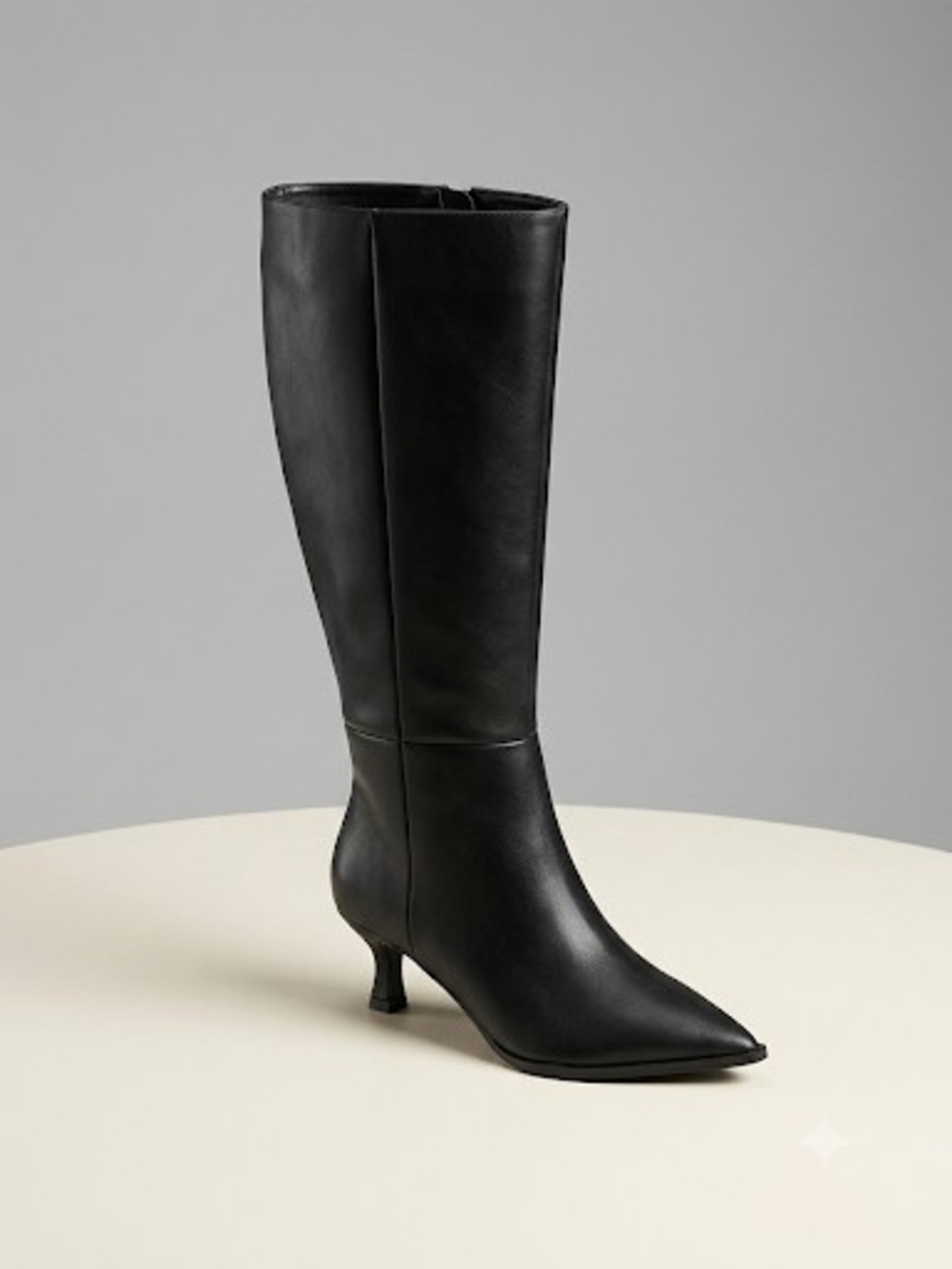 Sleek Black Knee-High Pointed-Toe Kitten Heel Boot